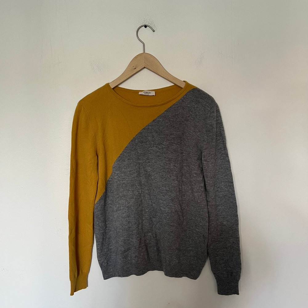 James Melbourne Wool Cashmere Colorblock Sweater Mustard Gray Crew Neck